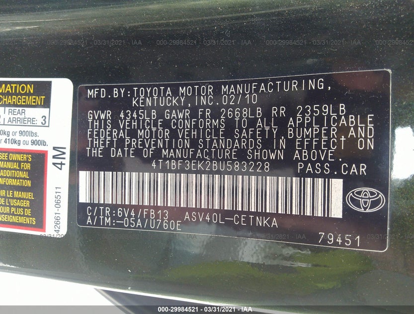 4T1BF3EK2BU583228