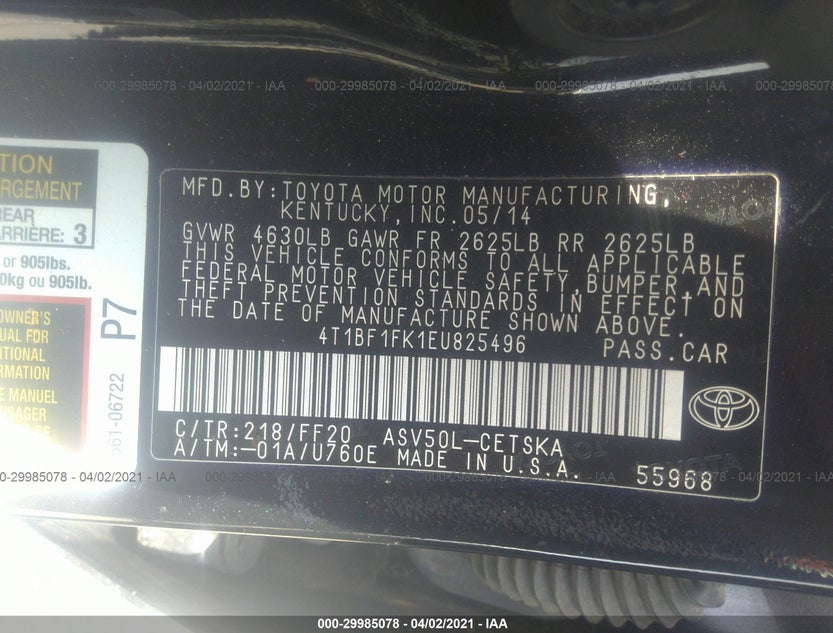 4T1BF1FK1EU825496