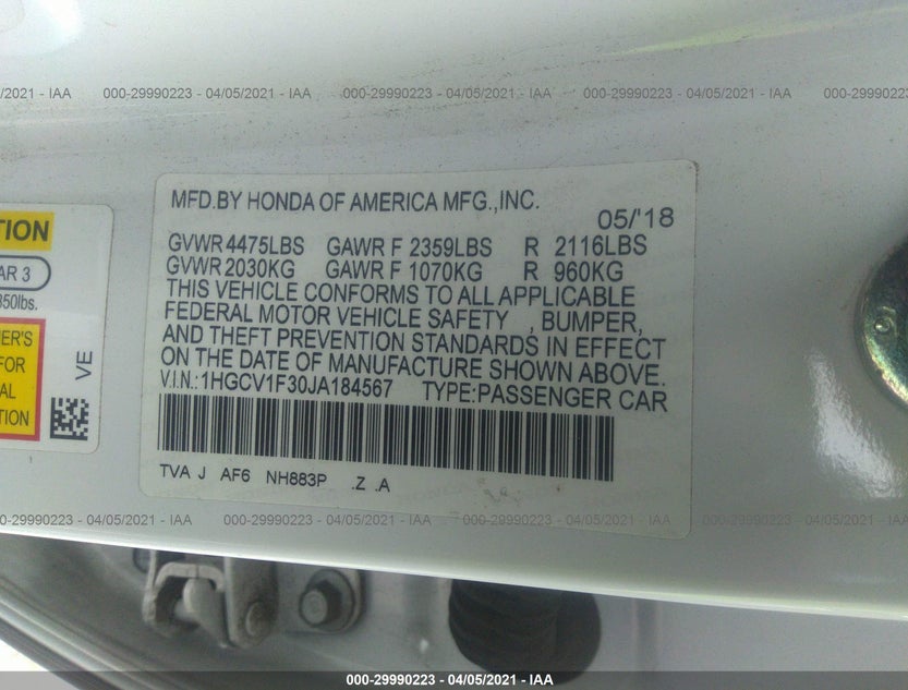 1HGCV1F30JA184567