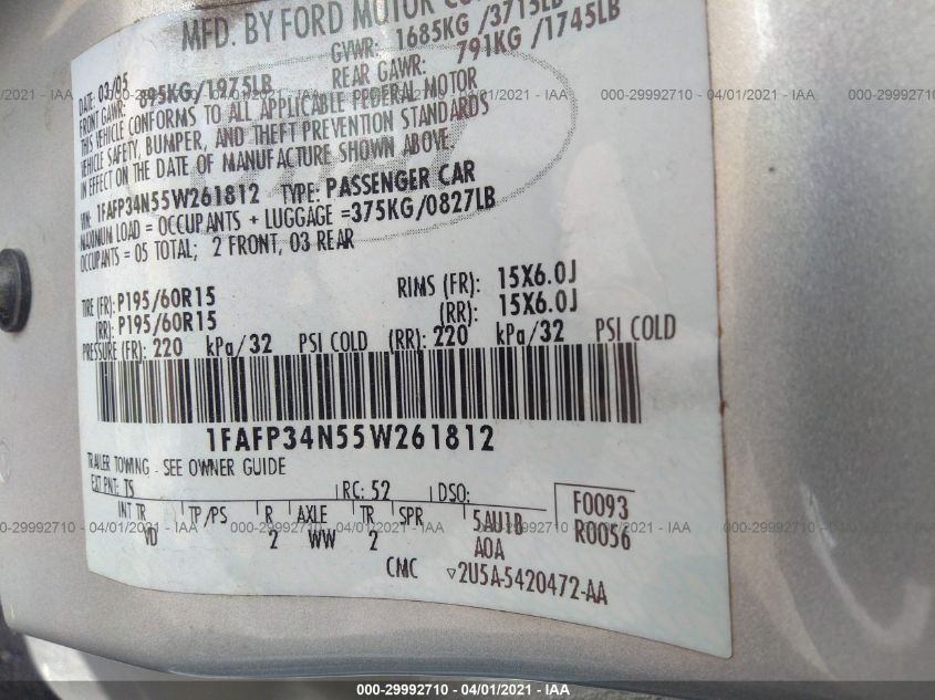 1FAFP34N55W261812 2005 Ford Focus Zx4