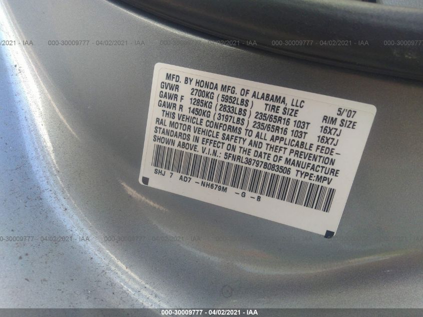 2007 Honda Odyssey Ex-L VIN: 5FNRL38797B083506 Lot: 30009777