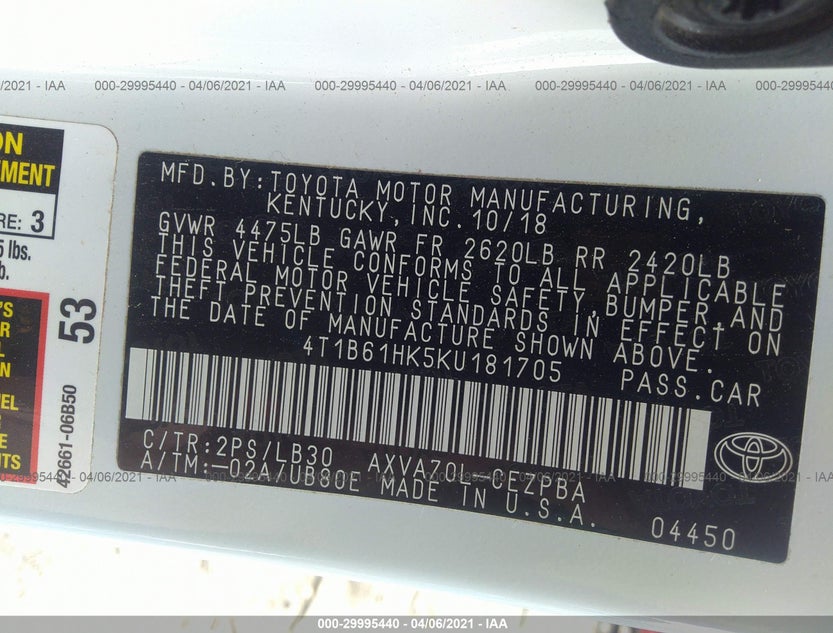 4T1B61HK5KU181705