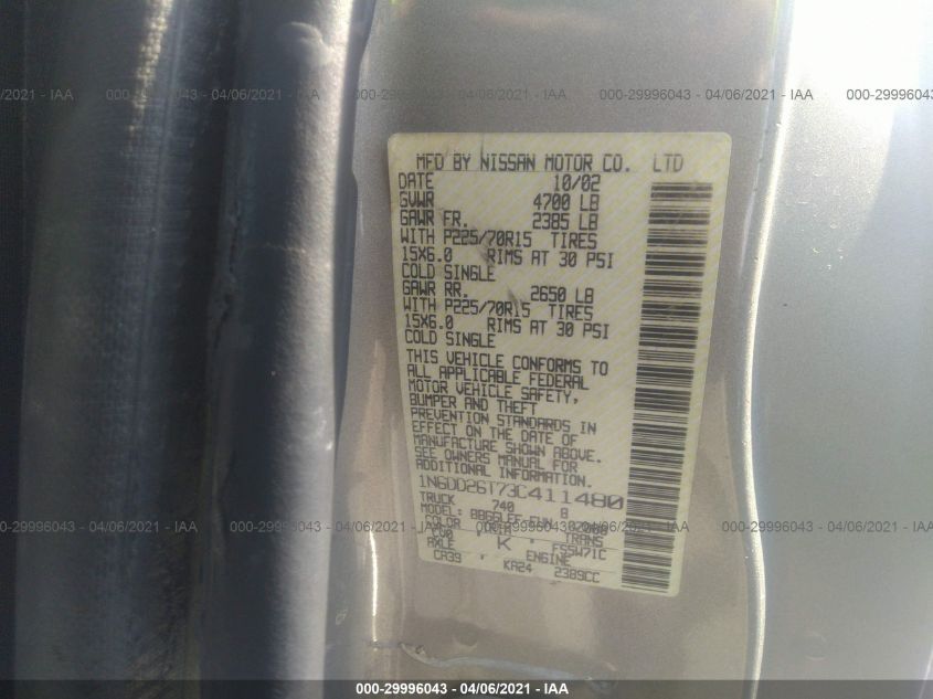 2003 Nissan Frontier 2Wd VIN: 1N6DD26T73C411480 Lot: 29996043