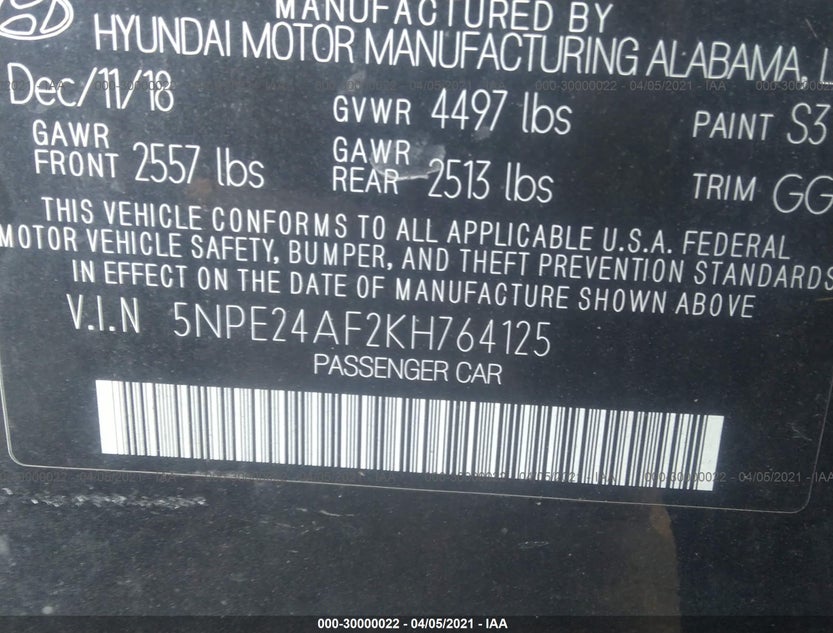 5NPE24AF2KH764125