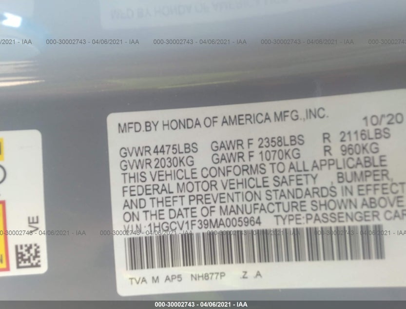 1HGCV1F39MA005964
