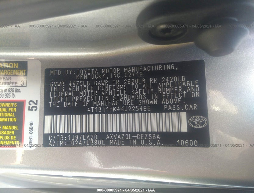 4T1B11HK4KU225496