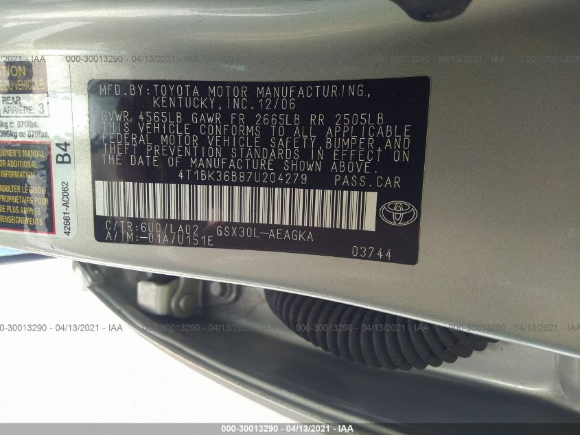 4T1BK36B87U204279 2007 Toyota Avalon Xls