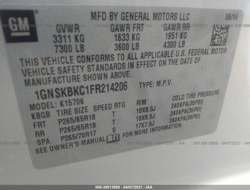 1GNSKBKC1FR214206