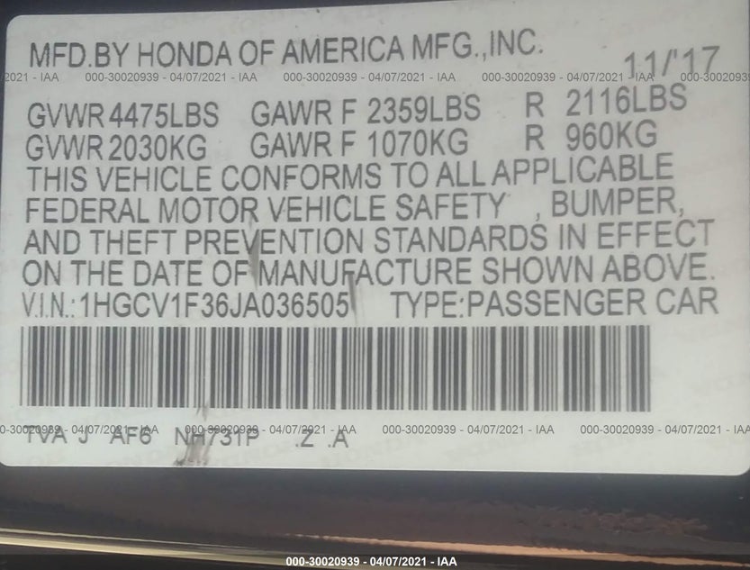 1HGCV1F36JA036505
