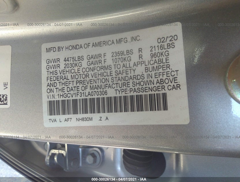 1HGCV1F31LA070306