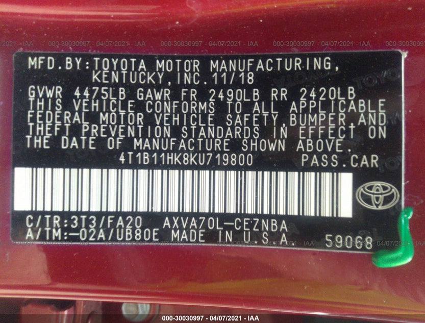 4T1B11HK8KU719800