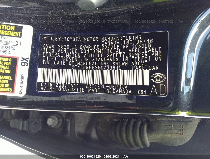 2T1BURHE3GC733810