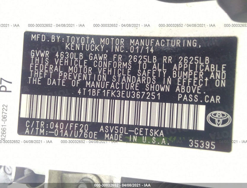 4T1BF1FK3EU367251
