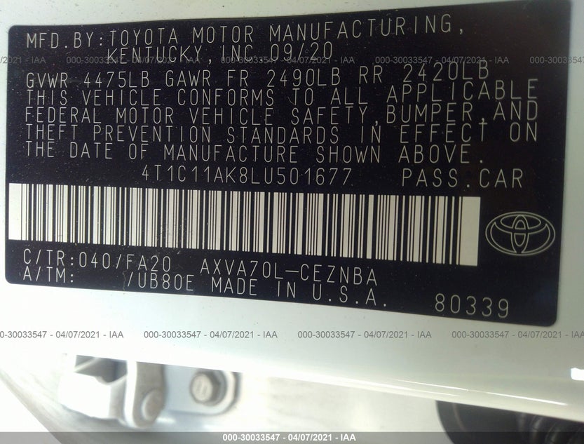 4T1C11AK8LU501677