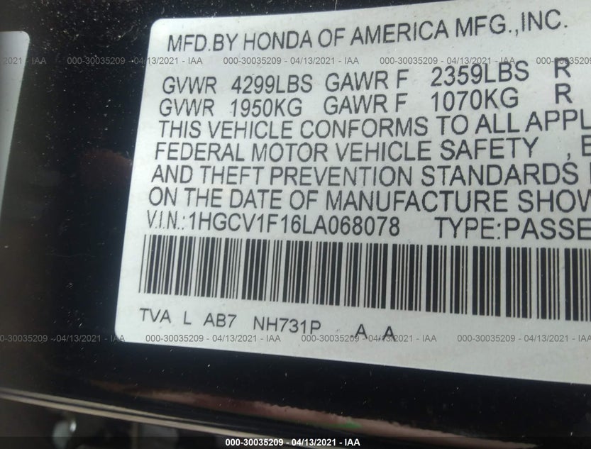 1HGCV1F16LA068078