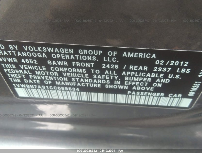 1VWBN7A31CC058534