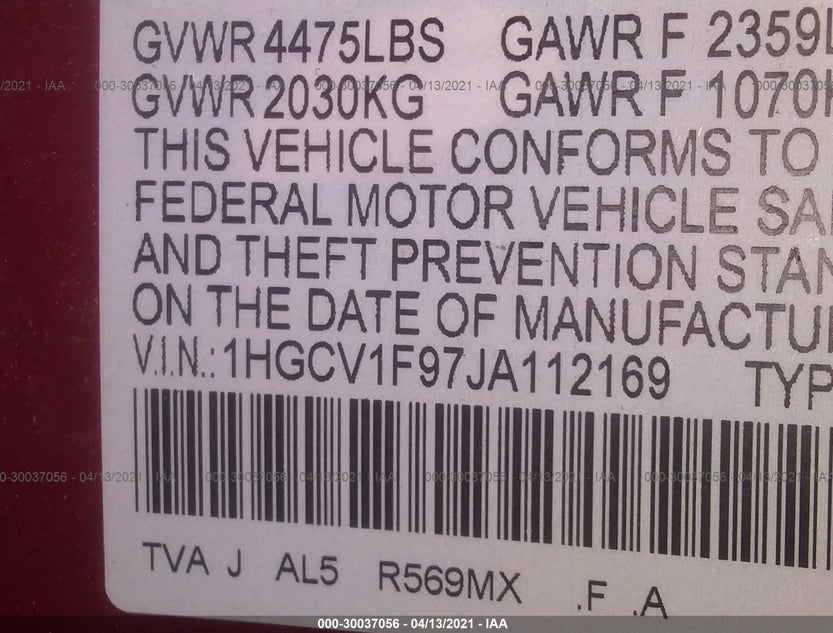 1HGCV1F97JA112169