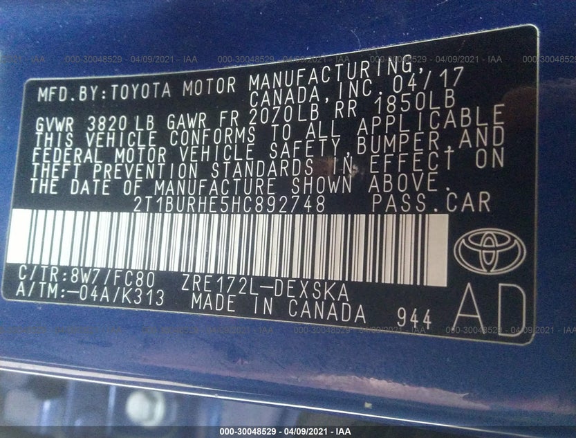 2T1BURHE5HC892748