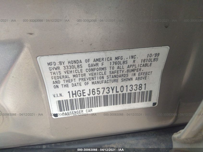 2000 Honda Civic Lx VIN: 1HGEJ6573YL013381 Lot: 30063066