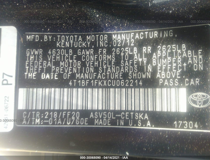 4T1BF1FKXCU062214