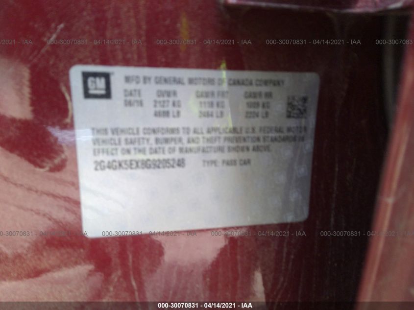 2016 Buick Regal VIN: 2G4GK5EX8G9205248 Lot: 30070831