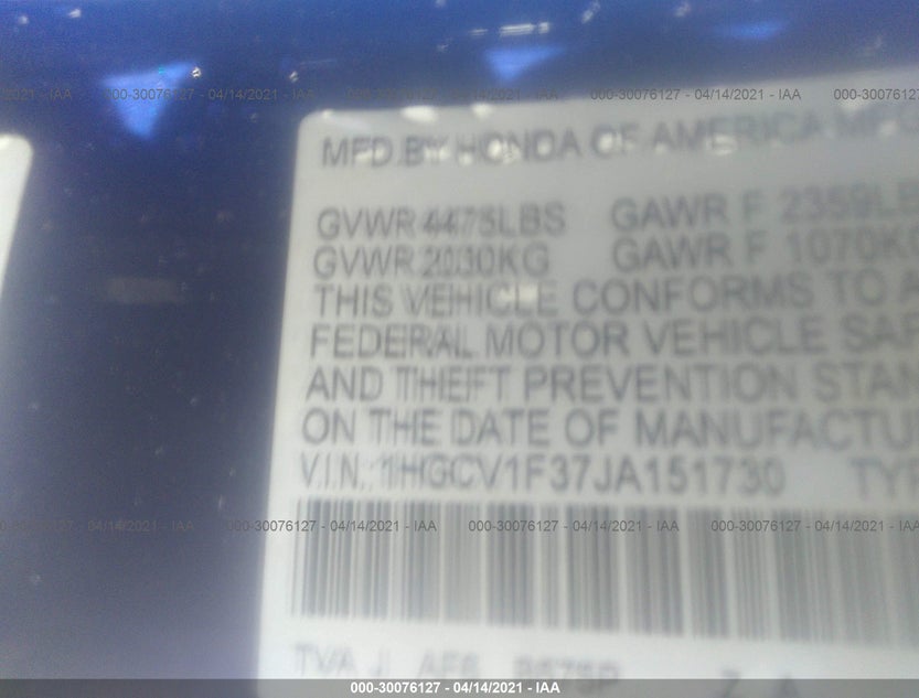 1HGCV1F37JA151730