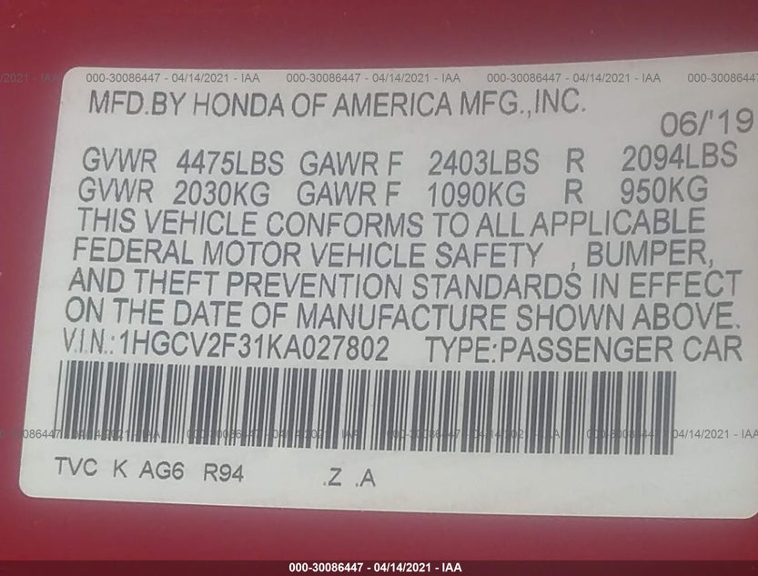 1HGCV2F31KA027802