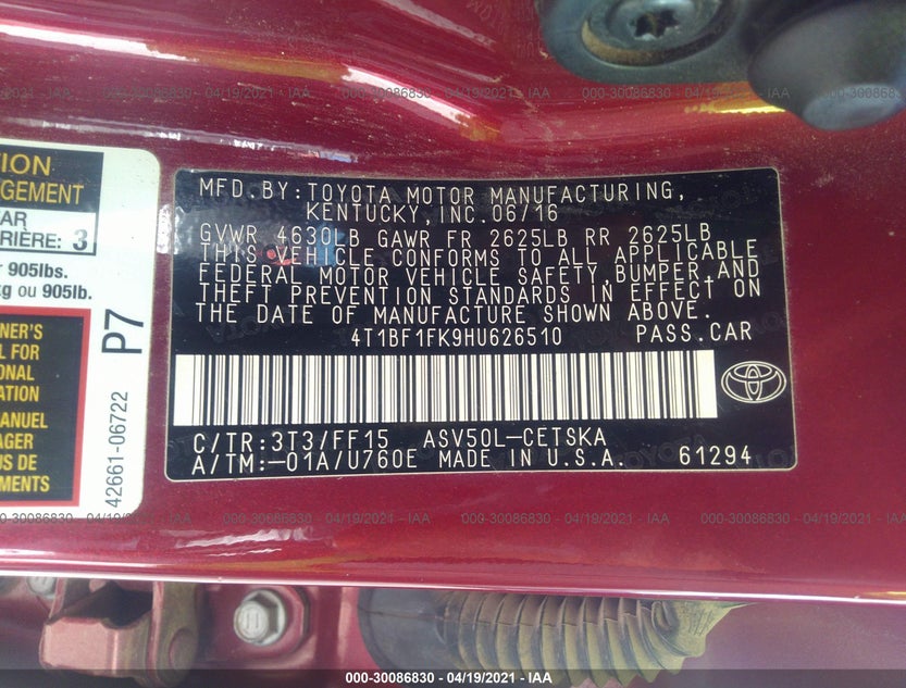 4T1BF1FK9HU626510