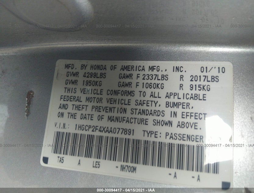 1HGCP2F4XAA077891
