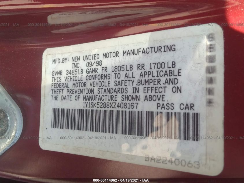 1999 Chevrolet Prizm VIN: 1Y1SK5288XZ408167 Lot: 30114962