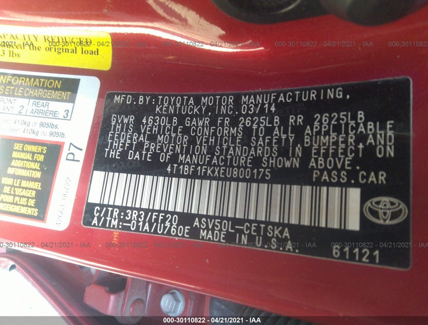 4T1BF1FKXEU800175