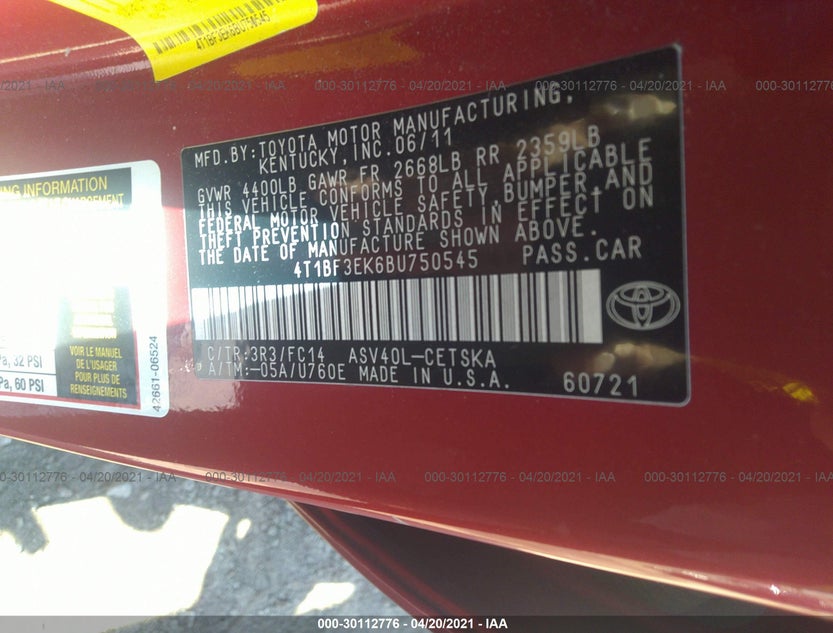 4T1BF3EK6BU750545