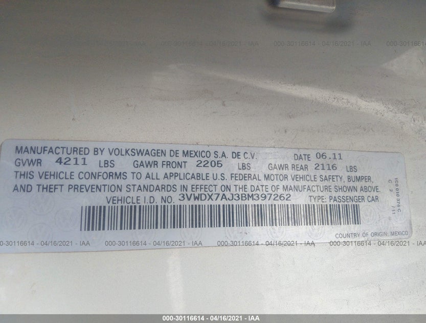 3VWDX7AJ3BM397262