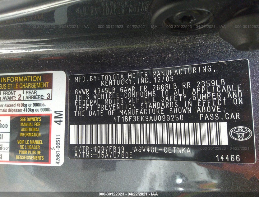 4T1BF3EK9AU099250