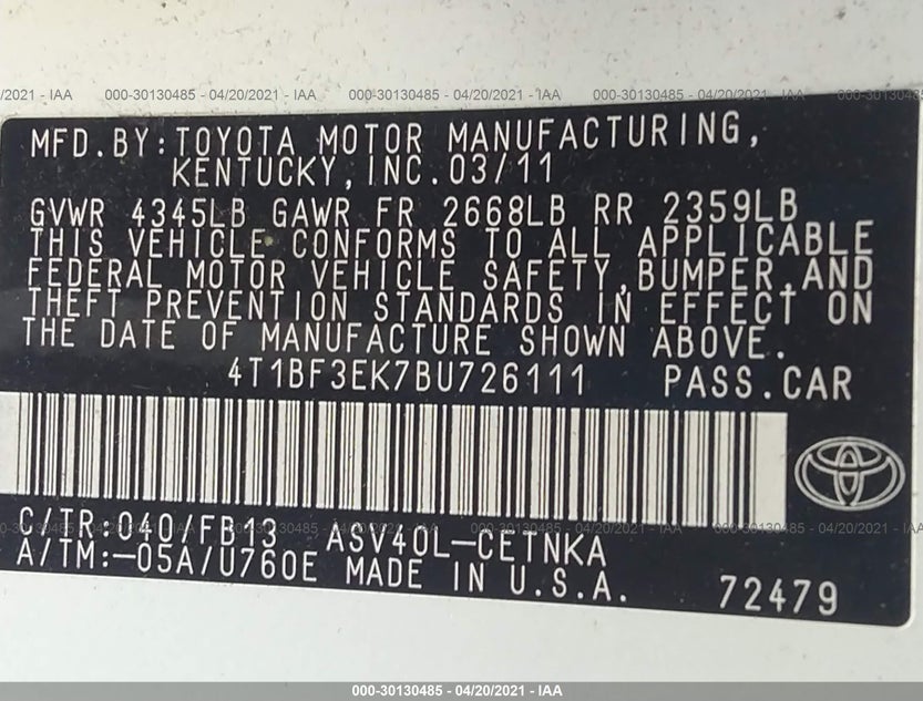 4T1BF3EK7BU726111
