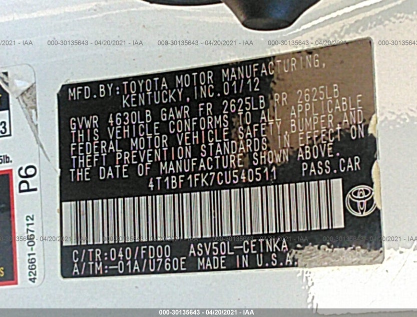 4T1BF1FK7CU540511