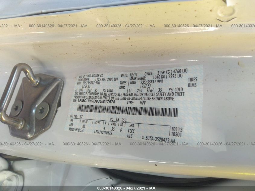 2018 Ford Escape Se VIN: 1FMCU9GD9JUB17578 Lot: 30140326