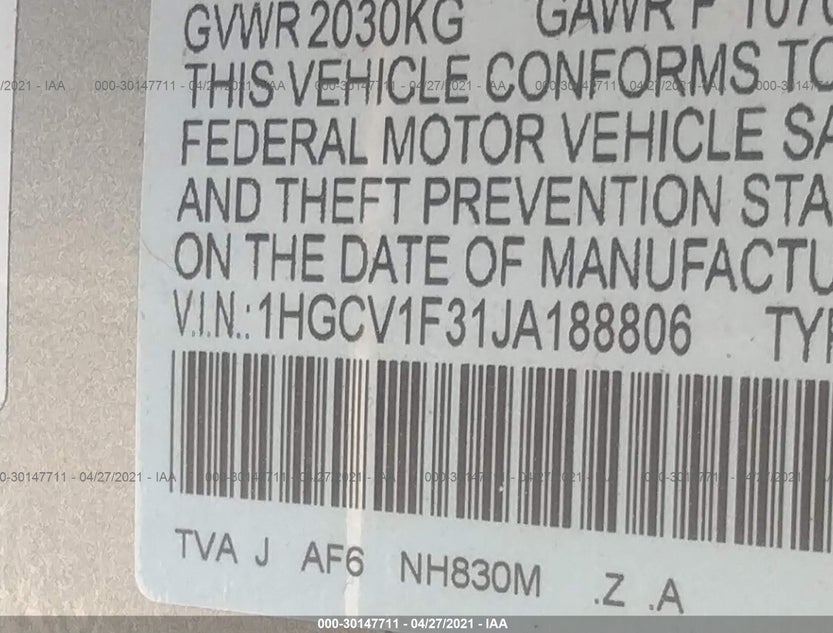 1HGCV1F31JA188806