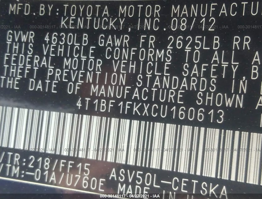 4T1BF1FKXCU160613
