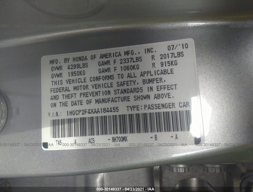 1HGCP2F4XAA184455