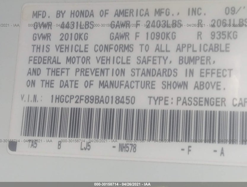 1HGCP2F89BA018450