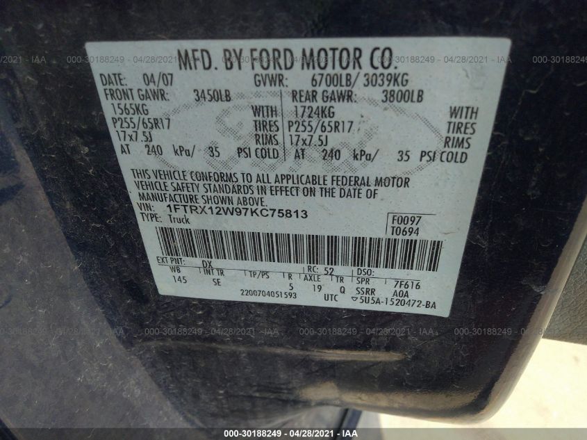2007 Ford F-150 Xlt/Stx/Xl VIN: 1FTRX12W97KC75813 Lot: 30188249