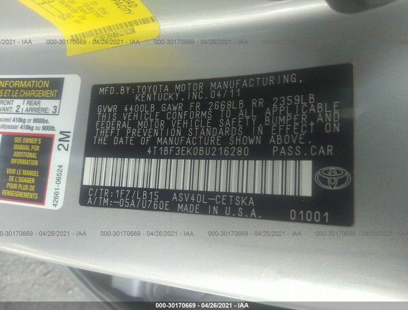 4T1BF3EK0BU216280