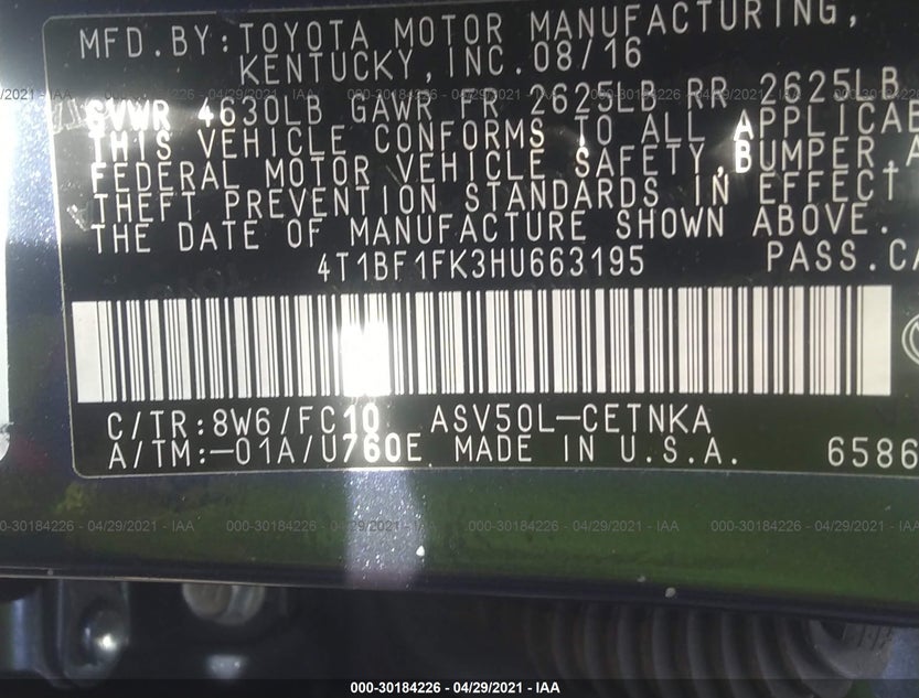 4T1BF1FK3HU663195