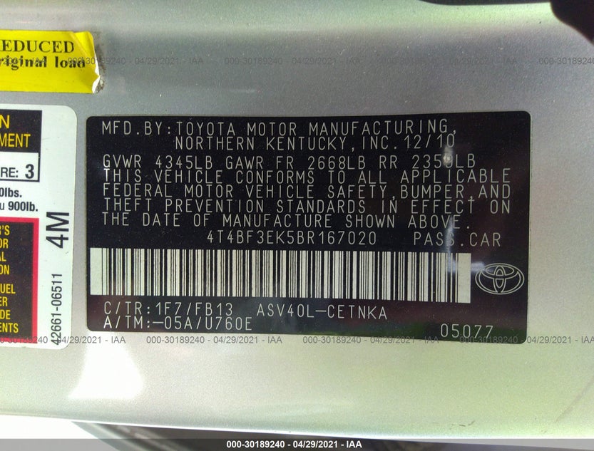4T4BF3EK5BR167020