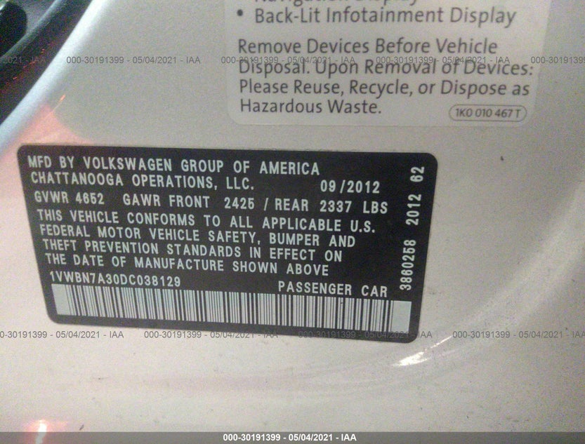 1VWBN7A30DC038129