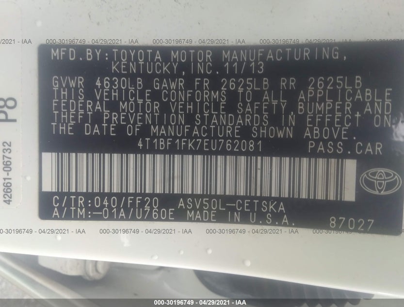 4T1BF1FK7EU762081
