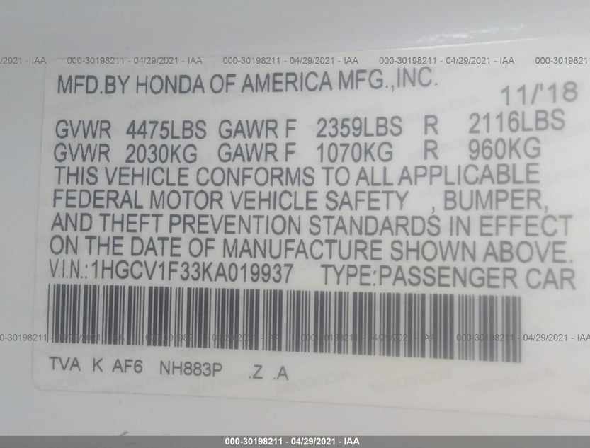 1HGCV1F33KA019937