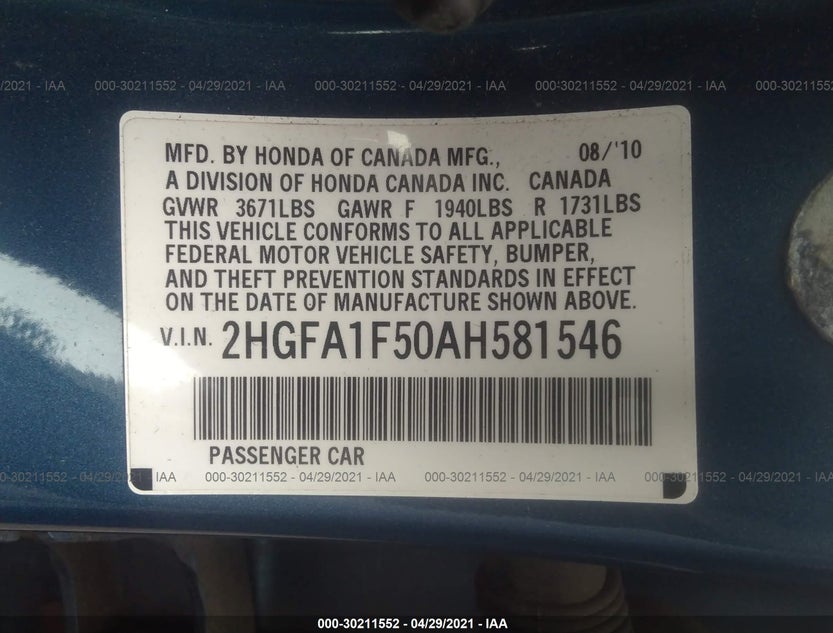 2HGFA1F50AH581546