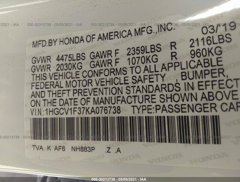 1HGCV1F37KA076738